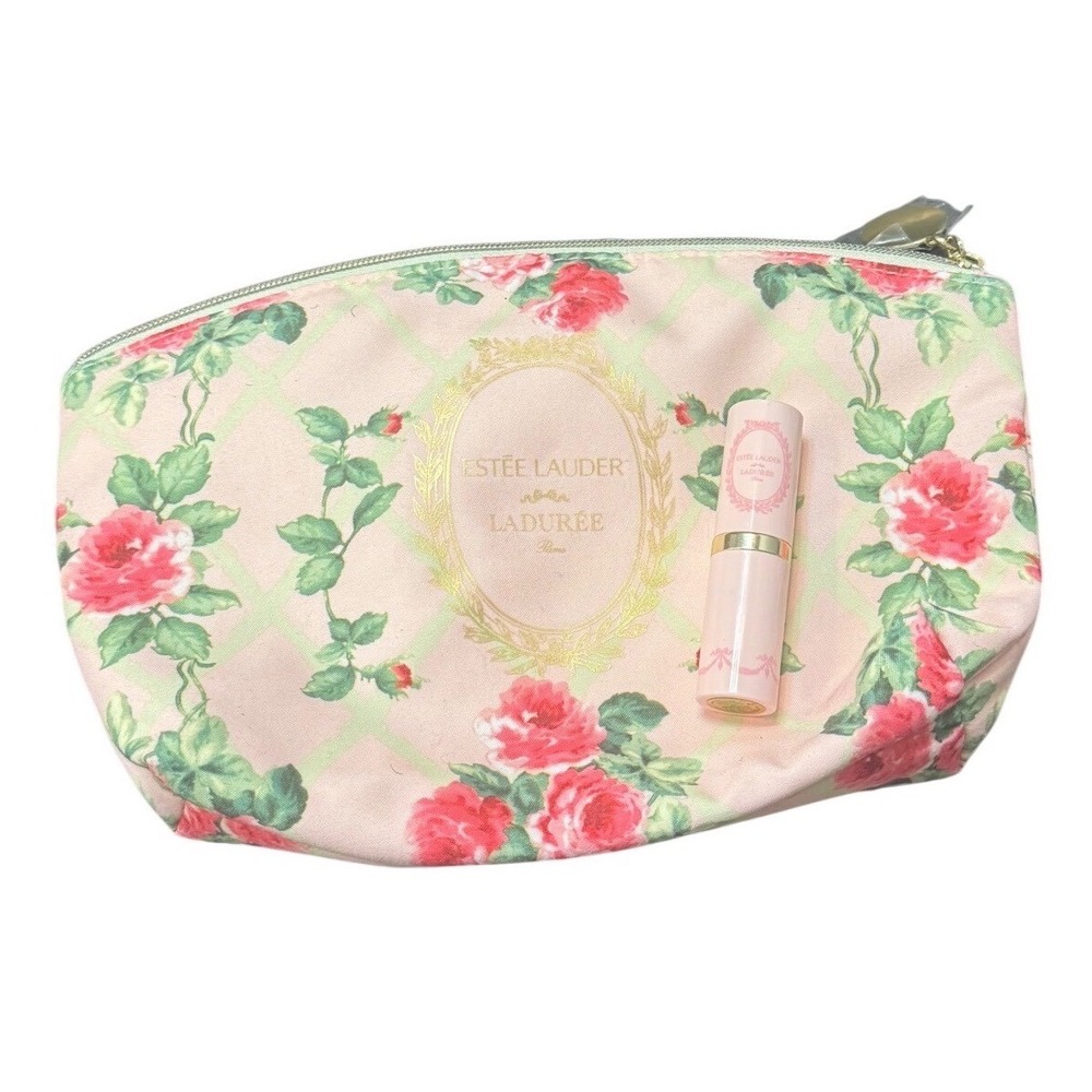 Estee Lauder Laduree Pure Color Lipstick 420 Rebellious Rose & Floral Makeup Bag